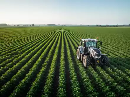 Ein weites, grünes Ackerfeld mit deutlichen Kulturreihen unter klarem Himmel, ein moderner Traktor im Vordergrund. - Foto: über boerse-global.de