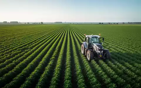 Ein weites, grünes Ackerfeld mit deutlichen Kulturreihen unter klarem Himmel, ein moderner Traktor im Vordergrund. - Foto: über boerse-global.de