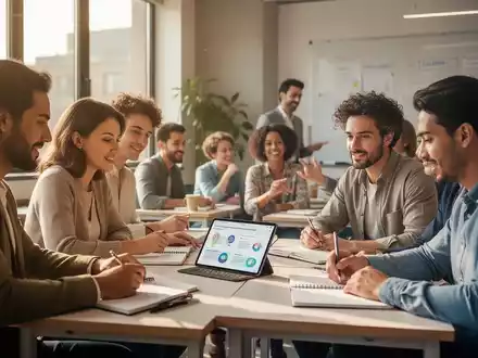 Eine Gruppe Erwachsener lernt in einem modernen Klassenzimmer, mit Tablets und Notizbüchern, Fokus auf berufliche Weiterbildung. - Foto: über boerse-global.de