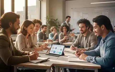 Eine Gruppe Erwachsener lernt in einem modernen Klassenzimmer, mit Tablets und Notizbüchern, Fokus auf berufliche Weiterbildung. - Foto: über boerse-global.de