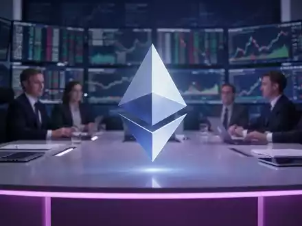 Ein stilisiertes Ethereum-Logo auf einem modernen Finanzschreibtisch mit unscharfen Figuren im Hintergrund. - Foto: über boerse-global.de
