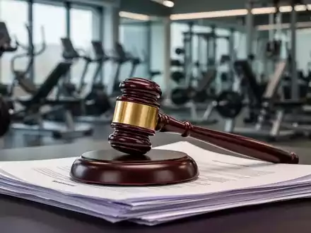 Ein stilisierter Hammer ruht auf einem Stapel juristischer Dokumente vor einem unscharfen Hintergrund mit modernen Fitnessgeräten. - Foto: über boerse-global.de