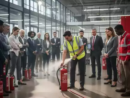 Mitarbeiter in einem modernen Bürogebäude nehmen an einer Brandschutzübung teil, wobei eine Person einen Feuerlöscher demonstriert. - Foto: über boerse-global.de
