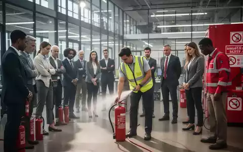 Mitarbeiter in einem modernen Bürogebäude nehmen an einer Brandschutzübung teil, wobei eine Person einen Feuerlöscher demonstriert. - Foto: über boerse-global.de