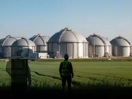 Eine Biogasanlage mit großen, kuppelförmigen Fermentern und einem Techniker im Vordergrund, der die Anlage inspiziert. - Foto: über boerse-global.de