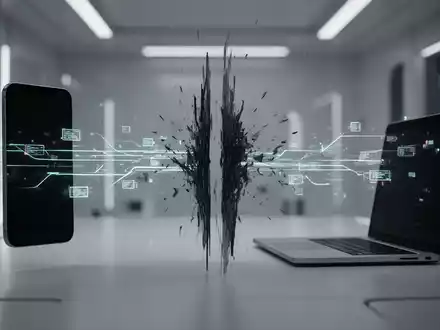 Abstrakte Darstellung von Daten, die drahtlos zwischen einem Smartphone und einem Laptop übertragen werden, unterbrochen von einer digitalen Störung. - Foto: über boerse-global.de