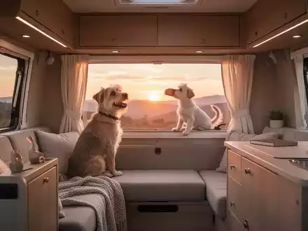 Ein gemütlicher, minimalistischer Camper-Van-Innenraum bei Sonnenuntergang mit einem kleinen, glücklichen Hund, der aus dem Fenster schaut. - Foto: über boerse-global.de
