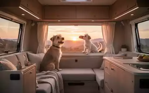 Ein gemütlicher, minimalistischer Camper-Van-Innenraum bei Sonnenuntergang mit einem kleinen, glücklichen Hund, der aus dem Fenster schaut. - Foto: über boerse-global.de