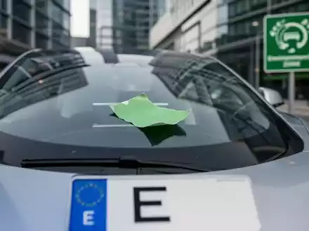 Nahaufnahme der Windschutzscheibe eines Elektroautos mit einem E-Kennzeichen und einer abgezogenen Umweltplakette. - Foto: über boerse-global.de