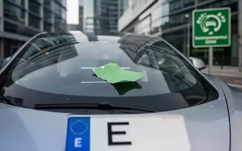 Nahaufnahme der Windschutzscheibe eines Elektroautos mit einem E-Kennzeichen und einer abgezogenen Umweltplakette. - Foto: über boerse-global.de