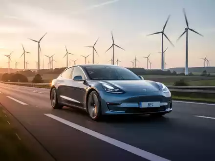 Ein modernes Elektroauto fährt auf einer deutschen Autobahn bei Sonnenaufgang, mit Windturbinen im Hintergrund. - Foto: über boerse-global.de