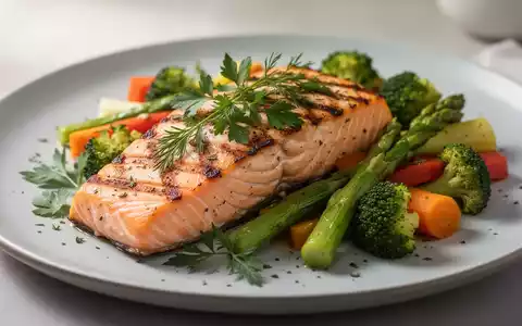 Ein Teller mit gegrilltem Lachs, frischen Kräutern und gedämpftem Gemüse, das eine nierenfreundliche Ernährung darstellt. - Foto: über boerse-global.de