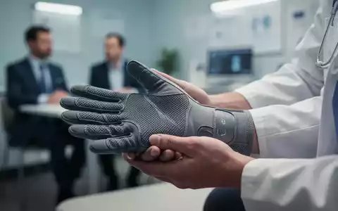 Nahaufnahme von Händen, die einen modernen Kompressionshandschuh halten, mit einem verschwommenen medizinischen Raum im Hintergrund. - Foto: über boerse-global.de