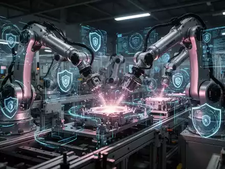 Roboterarme in einer modernen Fabrik mit digitalen Datenflüssen und Cybersicherheitswarnungen, die Automatisierung und Risiken darstellen. - Foto: über boerse-global.de