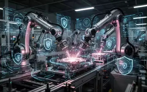 Roboterarme in einer modernen Fabrik mit digitalen Datenflüssen und Cybersicherheitswarnungen, die Automatisierung und Risiken darstellen. - Foto: über boerse-global.de