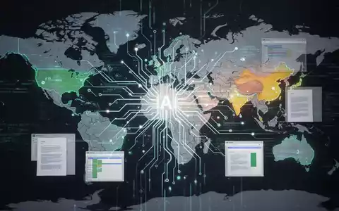 Leuchtendes, futuristisches neuronales Netzwerk über einer Weltkarte, das globale KI-Integration und Lokalisierung in Produktivitätstools symbolisiert. - Foto: über boerse-global.de