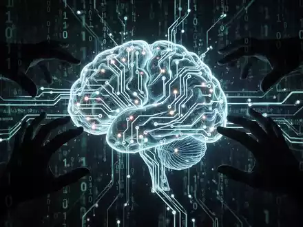 Ein digitales Gehirn mit leuchtenden Schaltkreisen, umgeben von binärem Code und Datenströmen, wird von dunklen Händen manipuliert. - Foto: über boerse-global.de