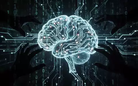 Ein digitales Gehirn mit leuchtenden Schaltkreisen, umgeben von binärem Code und Datenströmen, wird von dunklen Händen manipuliert. - Foto: über boerse-global.de