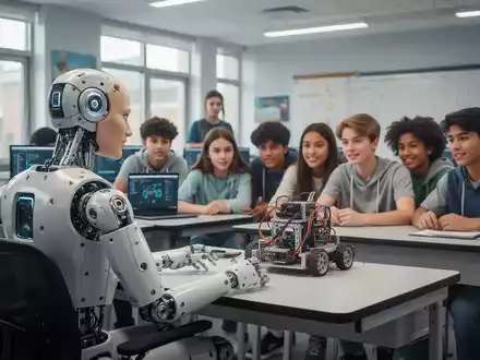 Ein humanoider Roboter mit realistischer Silikonhaut sitzt an einem Schreibtisch in einem modernen Klassenzimmer einer Highschool und interagiert mit Schülern. - Foto: über boerse-global.de