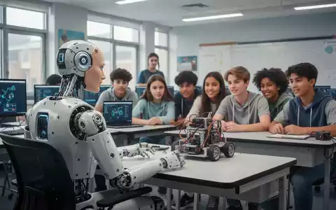 Ein humanoider Roboter mit realistischer Silikonhaut sitzt an einem Schreibtisch in einem modernen Klassenzimmer einer Highschool und interagiert mit Schülern. - Foto: über boerse-global.de