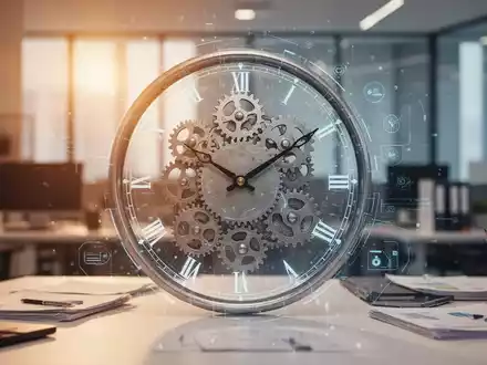 Eine stilisierte Uhr mit ZahnrĂ€dern und digitalen Ăberlagerungen in einem modernen BĂŒro, das ProduktivitĂ€t und Zeitmanagement symbolisiert. - Foto: ĂŒber boerse-global.de