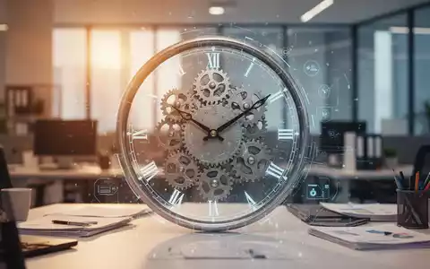 Eine stilisierte Uhr mit Zahnrädern und digitalen Überlagerungen in einem modernen Büro, das Produktivität und Zeitmanagement symbolisiert. - Foto: über boerse-global.de