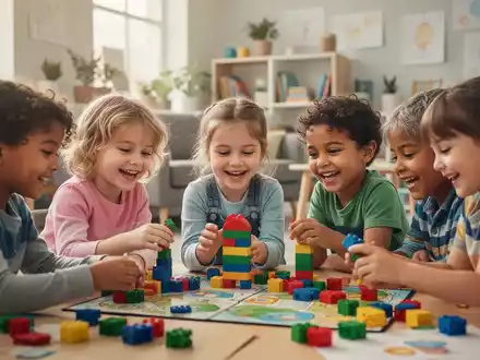 Kinder spielen konzentriert ein Brettspiel in einer hellen, freundlichen Umgebung, was die spielerische Förderung der Konzentration symbolisiert. - Foto: über boerse-global.de