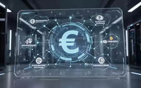 Sichere digitale Zahlungsoberfläche mit Euro-Symbol, umgeben von vernetzten Finanzinstituten, die digitale Währung und Finanztechnologie repräsentiert. - Foto: über boerse-global.de