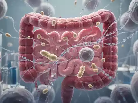 Mikroskopische Ansicht von Darmzellen mit genetischen Strängen und hefeähnlichen Strukturen, die wissenschaftliche Forschung zu Morbus Crohn darstellen. - Foto: über boerse-global.de