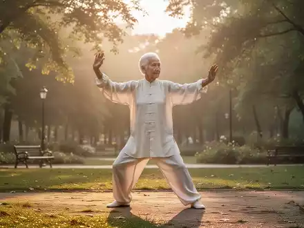 Eine ältere Person übt Tai Chi in einem ruhigen Park bei Sonnenaufgang, umgeben von grüner Natur. Das Licht ist weich und golden. - Foto: über boerse-global.de