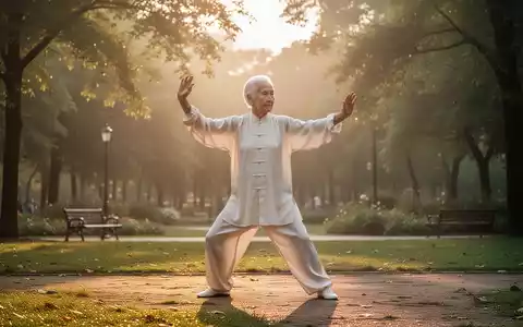 Eine ältere Person übt Tai Chi in einem ruhigen Park bei Sonnenaufgang, umgeben von grüner Natur. Das Licht ist weich und golden. - Foto: über boerse-global.de