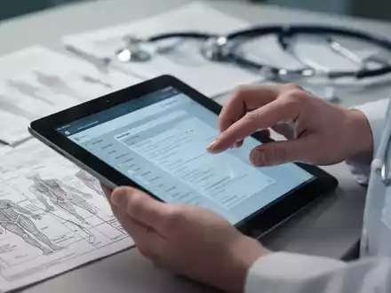 Nahaufnahme der Hände einer Pflegekraft, die ein Tablet benutzt, mit unscharfen medizinischen Unterlagen und Stethoskop im Hintergrund. - Foto: über boerse-global.de