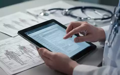 Nahaufnahme der Hände einer Pflegekraft, die ein Tablet benutzt, mit unscharfen medizinischen Unterlagen und Stethoskop im Hintergrund. - Foto: über boerse-global.de