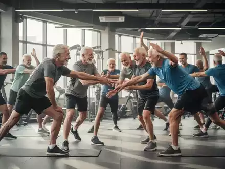 Männer verschiedenen Alters machen Gymnastikübungen in einer Sporthalle, symbolisch für Vereinsjubiläen und Gemeinschaftssport. - Foto: über boerse-global.de