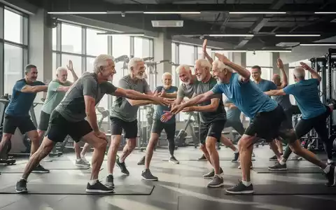 Männer verschiedenen Alters machen Gymnastikübungen in einer Sporthalle, symbolisch für Vereinsjubiläen und Gemeinschaftssport. - Foto: über boerse-global.de