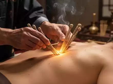 Eine Nahaufnahme zeigt die Hände eines TCM-Praktikers, der Moxibustion auf dem Rücken eines Patienten anwendet. - Foto: über boerse-global.de