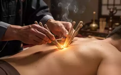 Eine Nahaufnahme zeigt die Hände eines TCM-Praktikers, der Moxibustion auf dem Rücken eines Patienten anwendet. - Foto: über boerse-global.de
