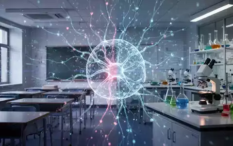 Leuchtendes, abstraktes KI-Netzwerk, das ein Klassenzimmer mit Lernwerkzeugen und ein Labor mit wissenschaftlicher Ausrüstung verbindet. - Foto: über boerse-global.de