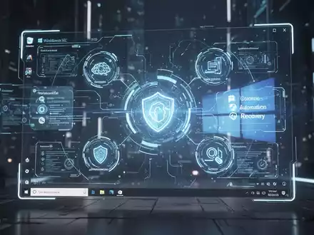 Nahaufnahme einer futuristischen digitalen Oberfläche mit Windows-Desktop, leuchtenden KI-Symbolen und automatisierten Aufgaben-Icons. - Foto: über boerse-global.de