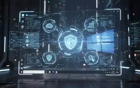 Nahaufnahme einer futuristischen digitalen Oberfläche mit Windows-Desktop, leuchtenden KI-Symbolen und automatisierten Aufgaben-Icons. - Foto: über boerse-global.de