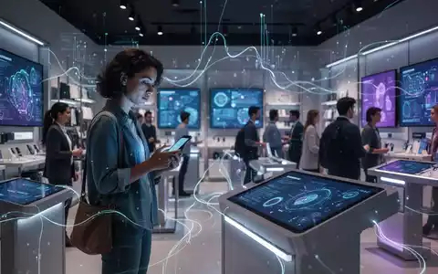 Ein futuristischer Einzelhandel mit digitalen Bildschirmen, interaktiven Displays und einem Kunden, der ein mobiles Gerät für Unified Commerce nutzt. - Foto: über boerse-global.de