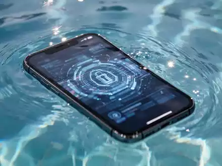 Ein Smartphone liegt teilweise unter Wasser in einem Swimmingpool und zeigt ein abstraktes digitales Sicherheits-Interface. - Foto: über boerse-global.de