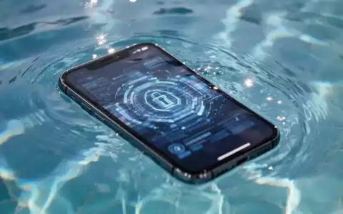 Ein Smartphone liegt teilweise unter Wasser in einem Swimmingpool und zeigt ein abstraktes digitales Sicherheits-Interface. - Foto: über boerse-global.de