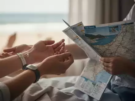 Eine Hand am Handgelenk prüft den Puls, während die andere einen Reiseführer hält, was den Beginn eines Urlaubs andeutet. - Foto: über boerse-global.de