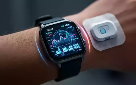 Nahaufnahme einer Smartwatch, die Gesundheitsdaten anzeigt, im Hintergrund ein Arm mit einem kontinuierlichen Glukose-Messgerät. - Foto: über boerse-global.de