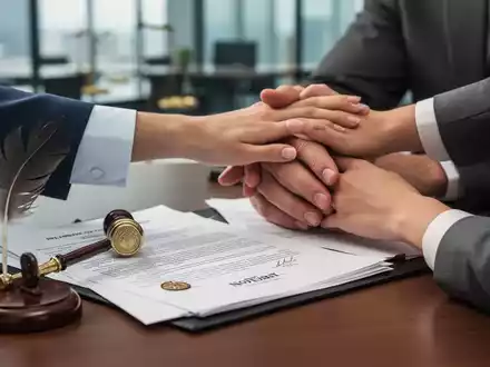 Ein Notartisch mit rechtlichen Dokumenten, Schreibfeder und einem Siegel, im Vordergrund ein sich haltendes Paar Hände. - Foto: über boerse-global.de