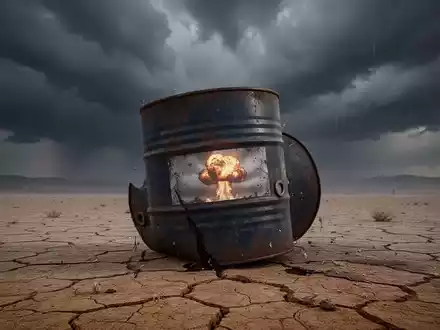 Ein einzelnes, verwittertes Ölfass in einer leeren Wüstenlandschaft unter einem stürmischen Himmel mit einem Spiegelbild einer Explosion. - Foto: über boerse-global.de
