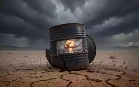 Ein einzelnes, verwittertes Ölfass in einer leeren Wüstenlandschaft unter einem stürmischen Himmel mit einem Spiegelbild einer Explosion. - Foto: über boerse-global.de