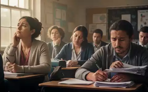 Lehrkräfte zeigen Anzeichen von Stress und Erschöpfung in einem Klassenzimmer, während sie arbeiten und nachdenken. - Foto: über boerse-global.de