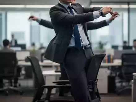 Eine Person in Business-Kleidung steht von einem Bürostuhl auf und dehnt sich, mit einem verschwommenen Büro im Hintergrund. - Foto: über boerse-global.de